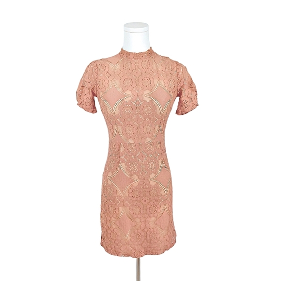 Altar’d State Blush Pink Lace Mini Dress Short Sleeve High Neck XS - Picture 1 of 9